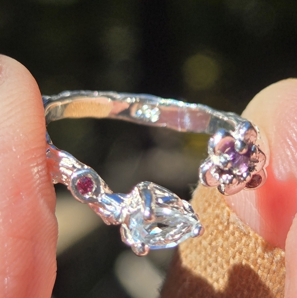 Topaz Amethyst & Rhodalite Sterling & White Gold Floral Ring Sz7 Adjustable - Picture 9 of 9